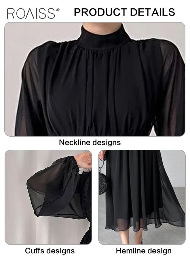 رويس فستان شيفون أنيق للنساء، تصميم عصري متعدد الاستخدامات، بياقة واقفة وأكمام واسعة وخصر عالٍ، مثالي للمناسبات والحفلات، يجمع بين الرقي والأناقة في قطعة واحدة، باللون الأسود. - Image 5